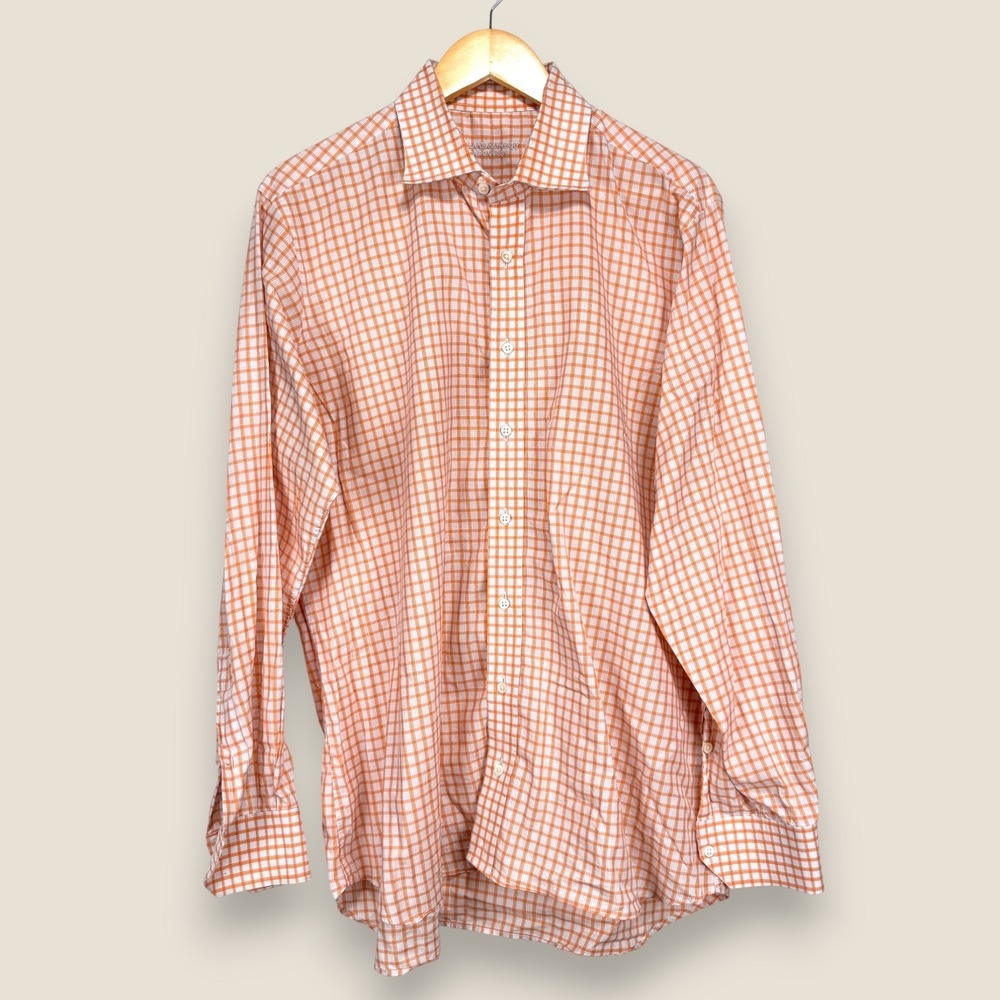 Holland & Sherry Dress Shirt Men XL Orange White Check Cotton London 1836